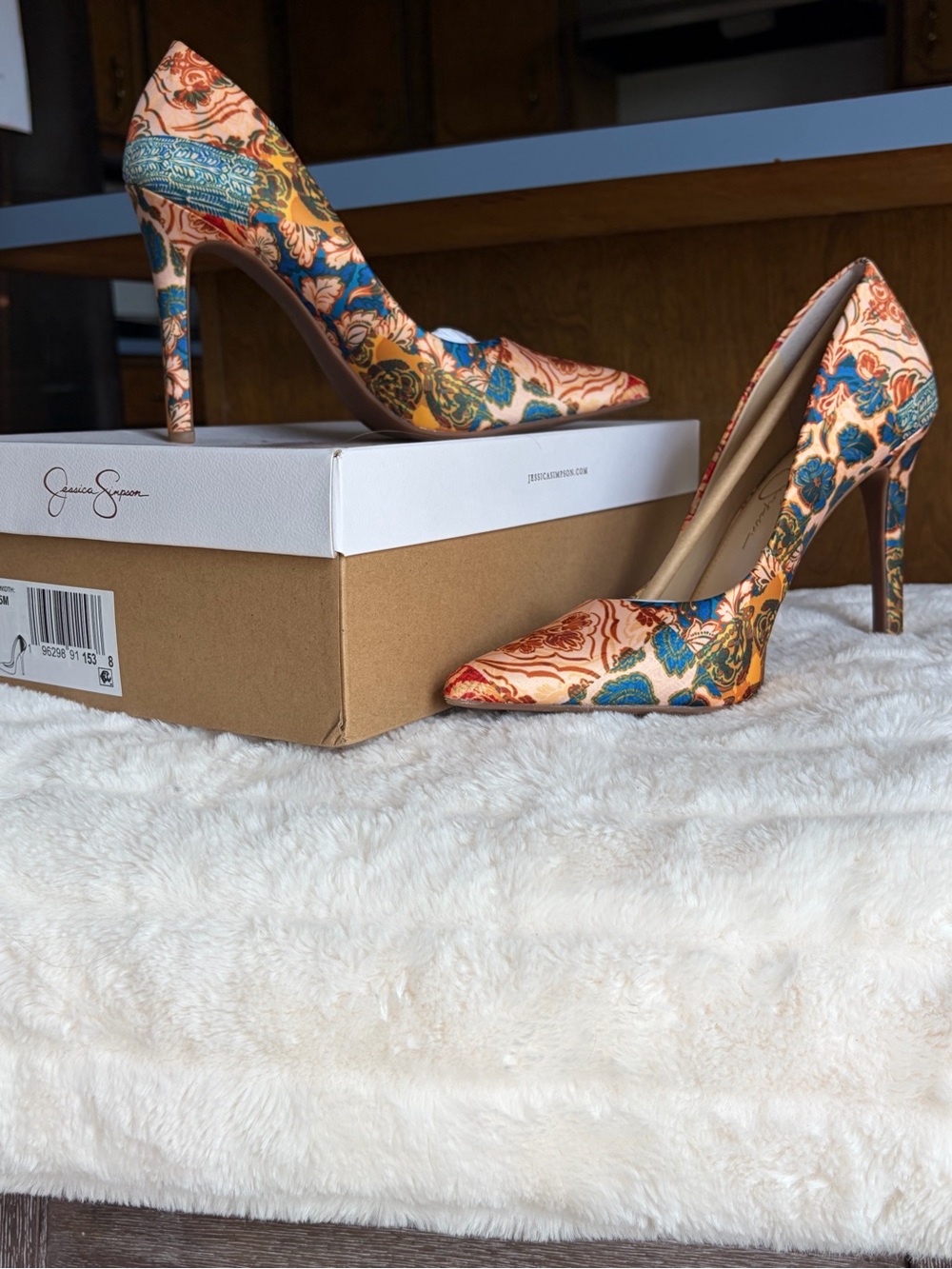 Jessica Simpson Floral Brocade Pointed-Toe Stiletto Pumps - Peach, Teal, Gold